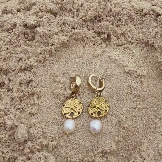 Sandbar Pearl Huggies | Stainless Steel Water Resistant Huggies | Summer Beach Earrings |