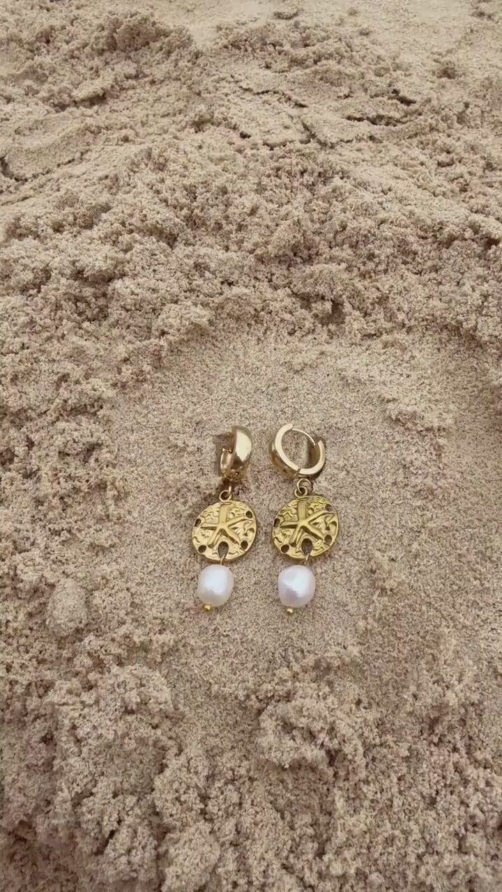 Sandbar Pearl Huggies | Stainless Steel Water Resistant Huggies | Summer Beach Earrings |