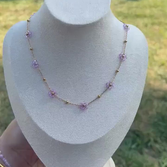 Stainless Steel Purple Flower Beaded Necklace | Gold Flower Necklace | Game Day Kansas State | Layering Necklace | Dainty Flower Chain |