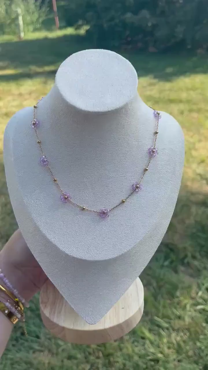 Stainless Steel Purple Flower Beaded Necklace | Gold Flower Necklace | Game Day Kansas State | Layering Necklace | Dainty Flower Chain |