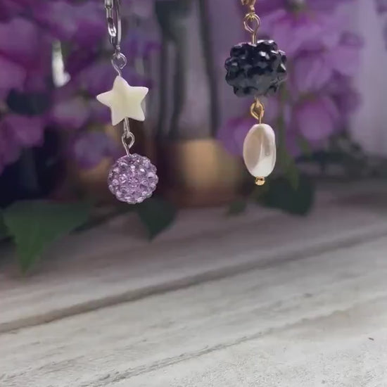 Pearl Rhinestone Ball Earrings | Sparkling Huggie Hoop Earrings for Women | Gold Silver Huggie Hoop Earrings | Purple and Black Earrings |