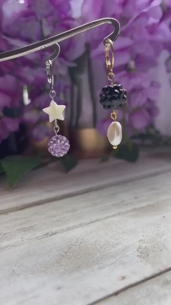 Pearl Rhinestone Ball Earrings | Sparkling Huggie Hoop Earrings for Women | Gold Silver Huggie Hoop Earrings | Purple and Black Earrings |