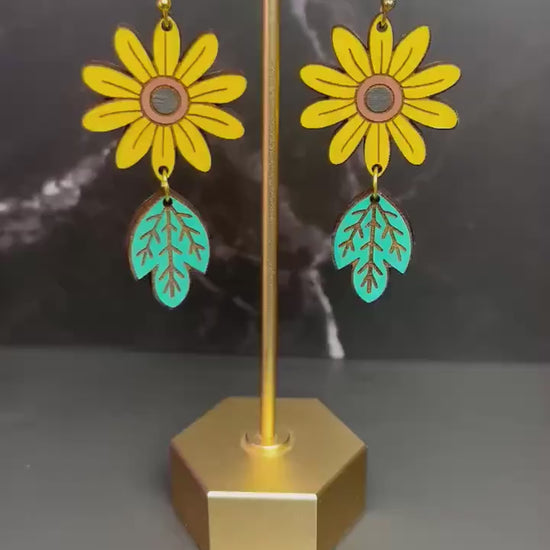 Wood Sunflower Earrings | Flower Drop Earings | Lightweight Wood Earrings | Flowers | Gifts for Women | Spring Summer Jewelry |