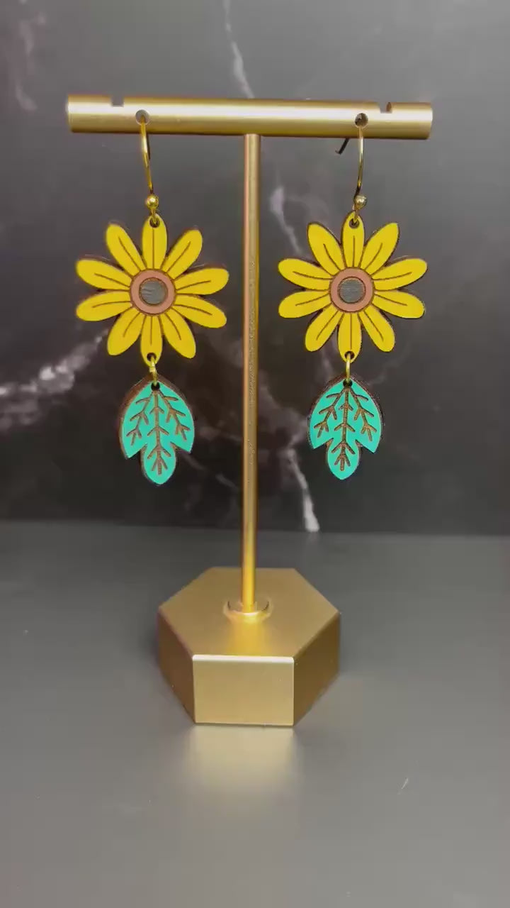 Wood Sunflower Earrings | Flower Drop Earings | Lightweight Wood Earrings | Flowers | Gifts for Women | Spring Summer Jewelry |