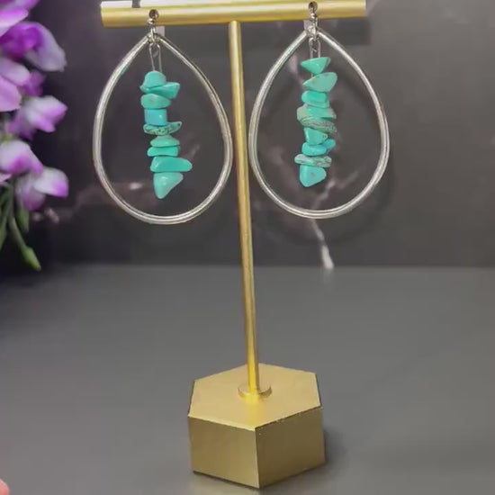Western Hoop Earrings | Turquoise Stone Hoop Earrings | Silver Western Jewelry | Silver Teardrop Hoops | Jewelry for Women | Lightweight |