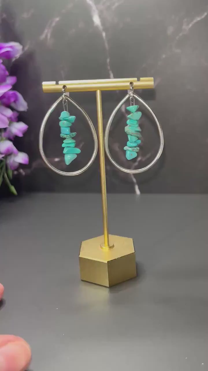 Western Hoop Earrings | Turquoise Stone Hoop Earrings | Silver Western Jewelry | Silver Teardrop Hoops | Jewelry for Women | Lightweight |