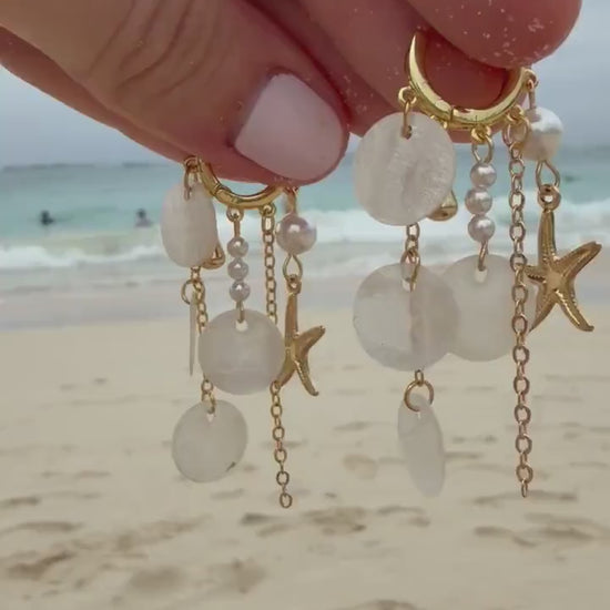 Tidepool Treasure Huggies | Gold Starfish Shell Earrings | 18K Gold Plated Huggie Hoops | Coastal Charm Earrings | Beach Jewelry |