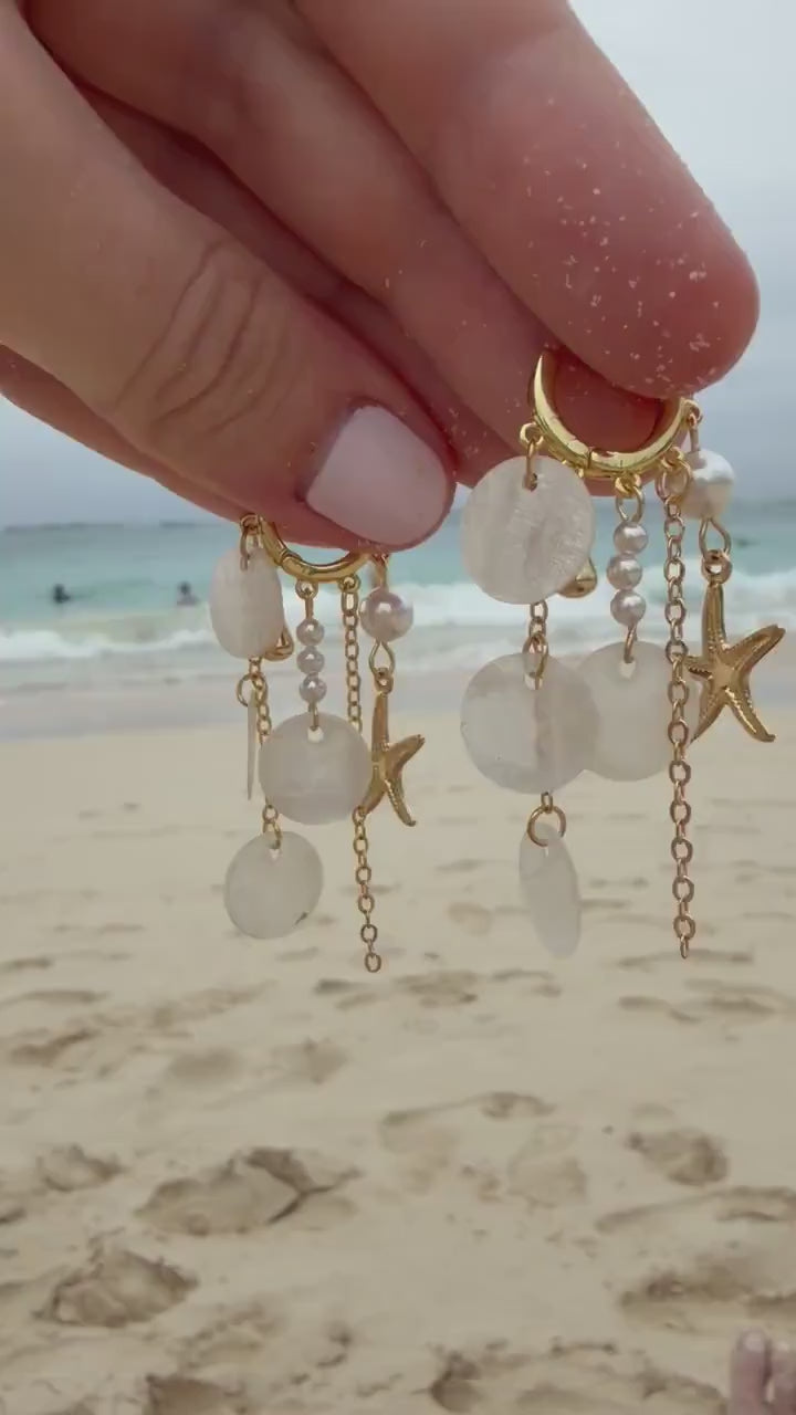 Tidepool Treasure Huggies | Gold Starfish Shell Earrings | 18K Gold Plated Huggie Hoops | Coastal Charm Earrings | Beach Jewelry |
