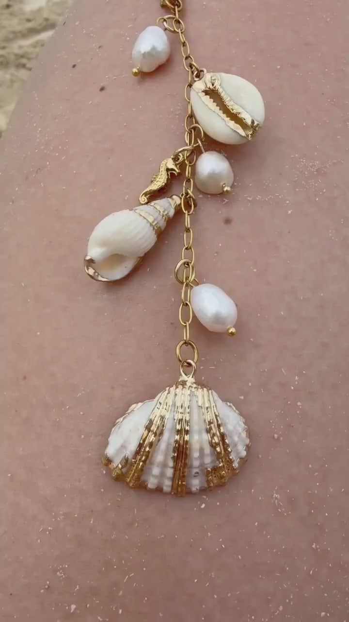 Seashell Cascade Necklace | Gold Shell Charm Necklace | Coastal Statement Necklace | Beach Jewelry | Ocean Inspired Jewelry | Pearl & Shell