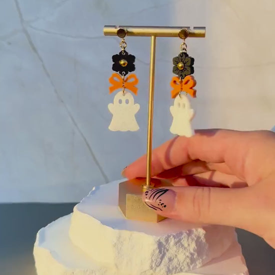 Boo-tiful Ghost Drops | Halloween Flower Bow Earrings | Speckled Acrylic Spooky Jewelry