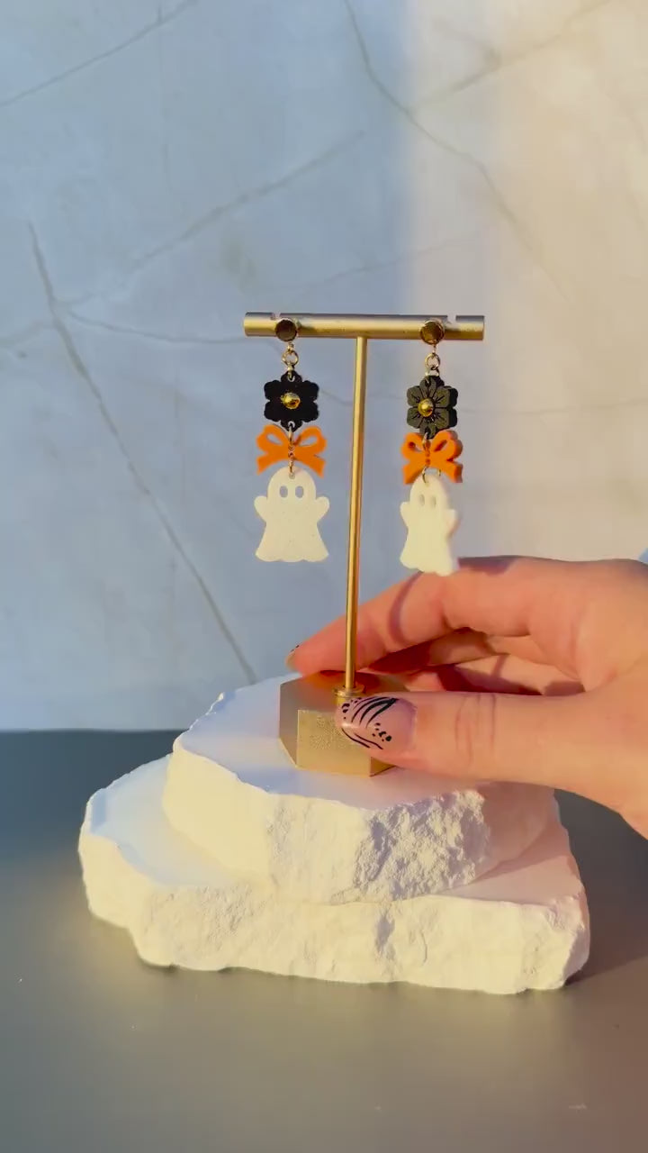 Boo-tiful Ghost Drops | Halloween Flower Bow Earrings | Speckled Acrylic Spooky Jewelry