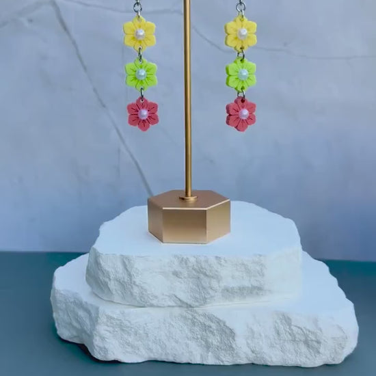 Citrus Garden Drops | Tiered Pearl Center Flower Earrings | Yellow Green Coral Boho Jewelry
