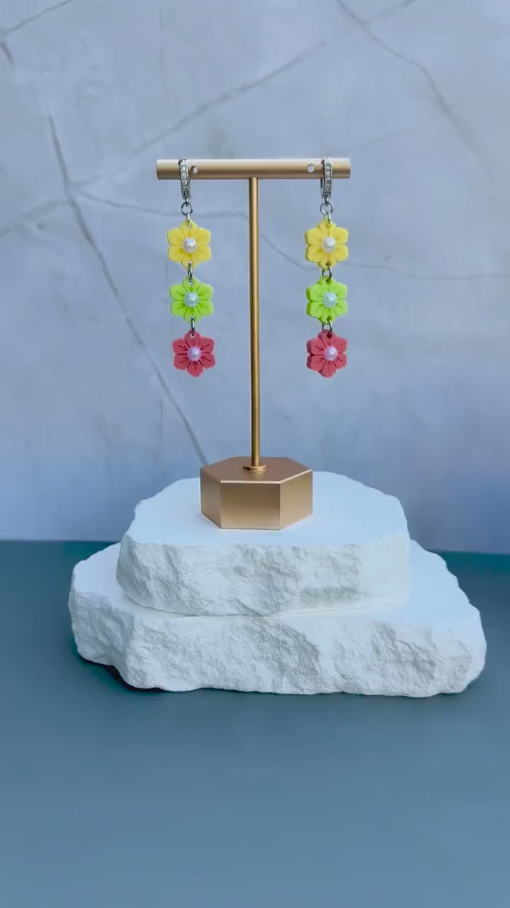 Citrus Garden Drops | Tiered Pearl Center Flower Earrings | Yellow Green Coral Boho Jewelry