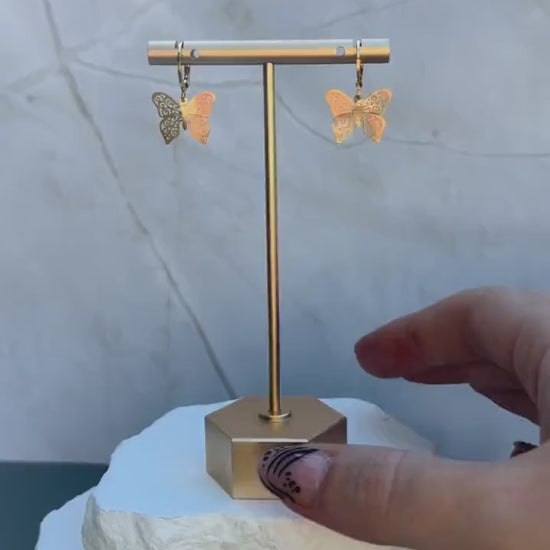 Gold Filigree Butterfly Huggie Earrings | Stainless Steel Dangle Hoops