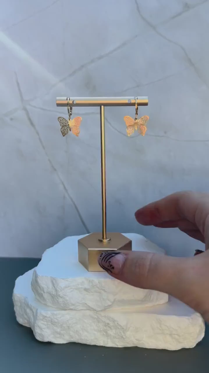 Gold Filigree Butterfly Huggie Earrings | Stainless Steel Dangle Hoops