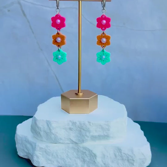 Sunset Garden Drops | Tiered Pearl Center Flower Earrings | Pink Orange Teal Boho Jewelry