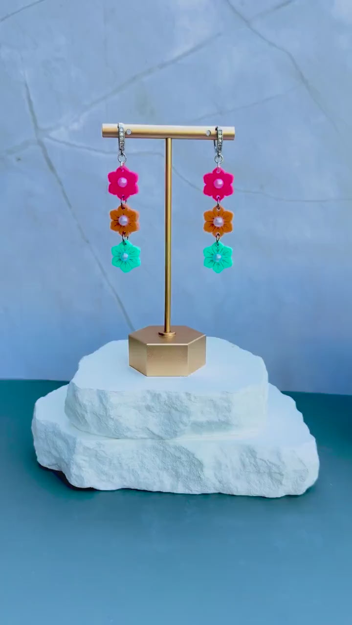Sunset Garden Drops | Tiered Pearl Center Flower Earrings | Pink Orange Teal Boho Jewelry