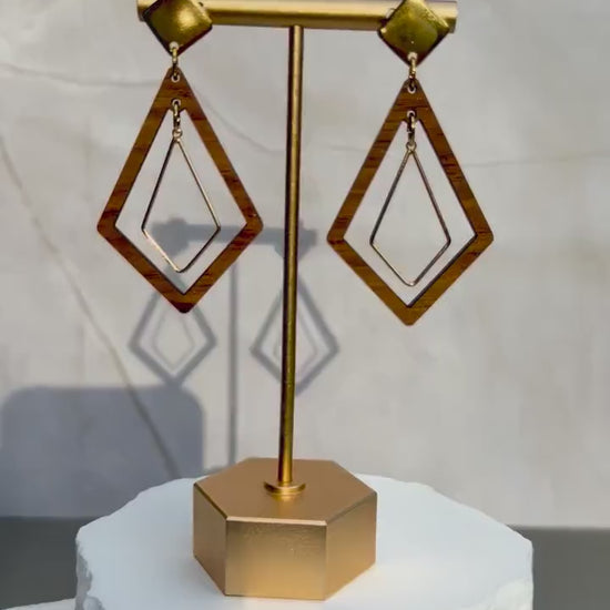 Geometric Wood Drop Earrings | Layered Diamond Cutout