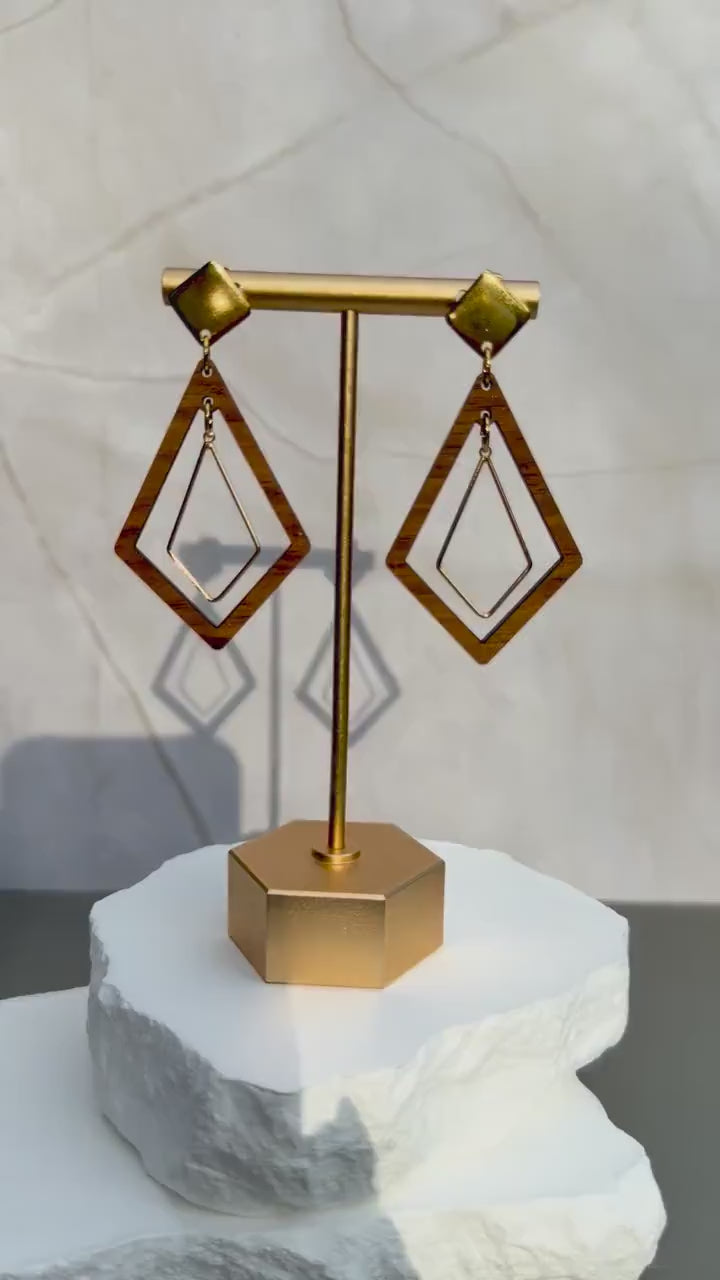 Geometric Wood Drop Earrings | Layered Diamond Cutout