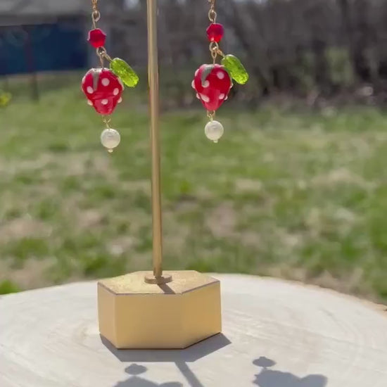Strawberry Glass Earrings | Summer Fruit Cottage Core Earrings | Glass Gold Strawberry Huggies | Stainless Steel Earrings | Lightweight |