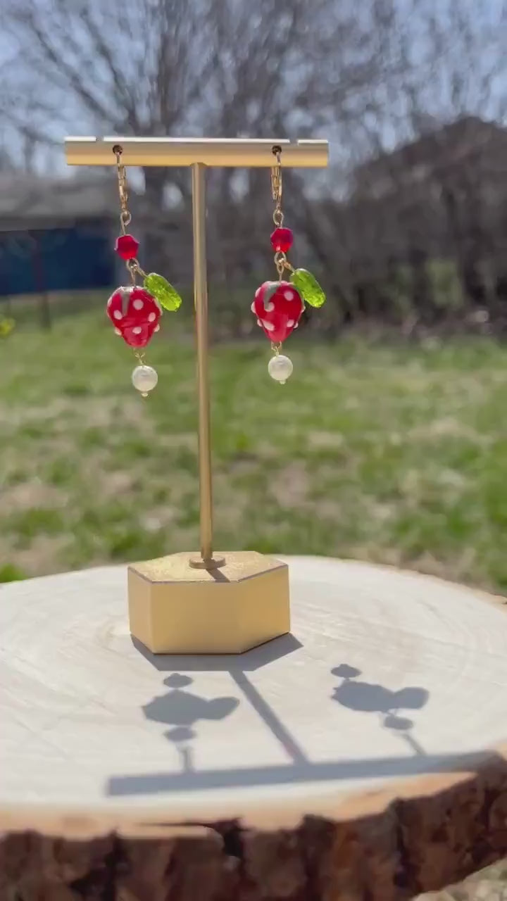 Strawberry Glass Earrings | Summer Fruit Cottage Core Earrings | Glass Gold Strawberry Huggies | Stainless Steel Earrings | Lightweight |