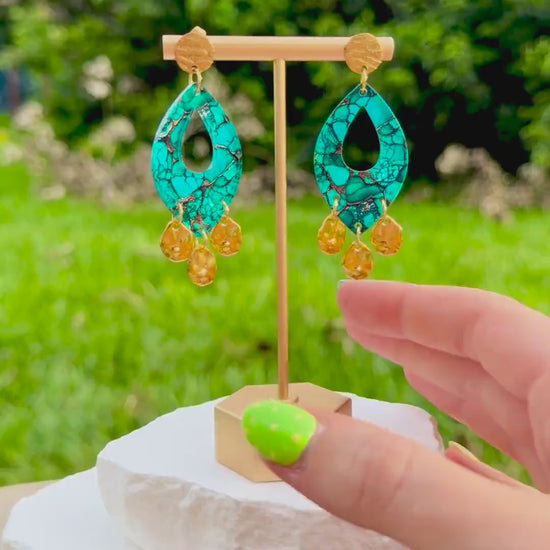 Turquoise Marble Drop Earrings | Gold Coin Dangles