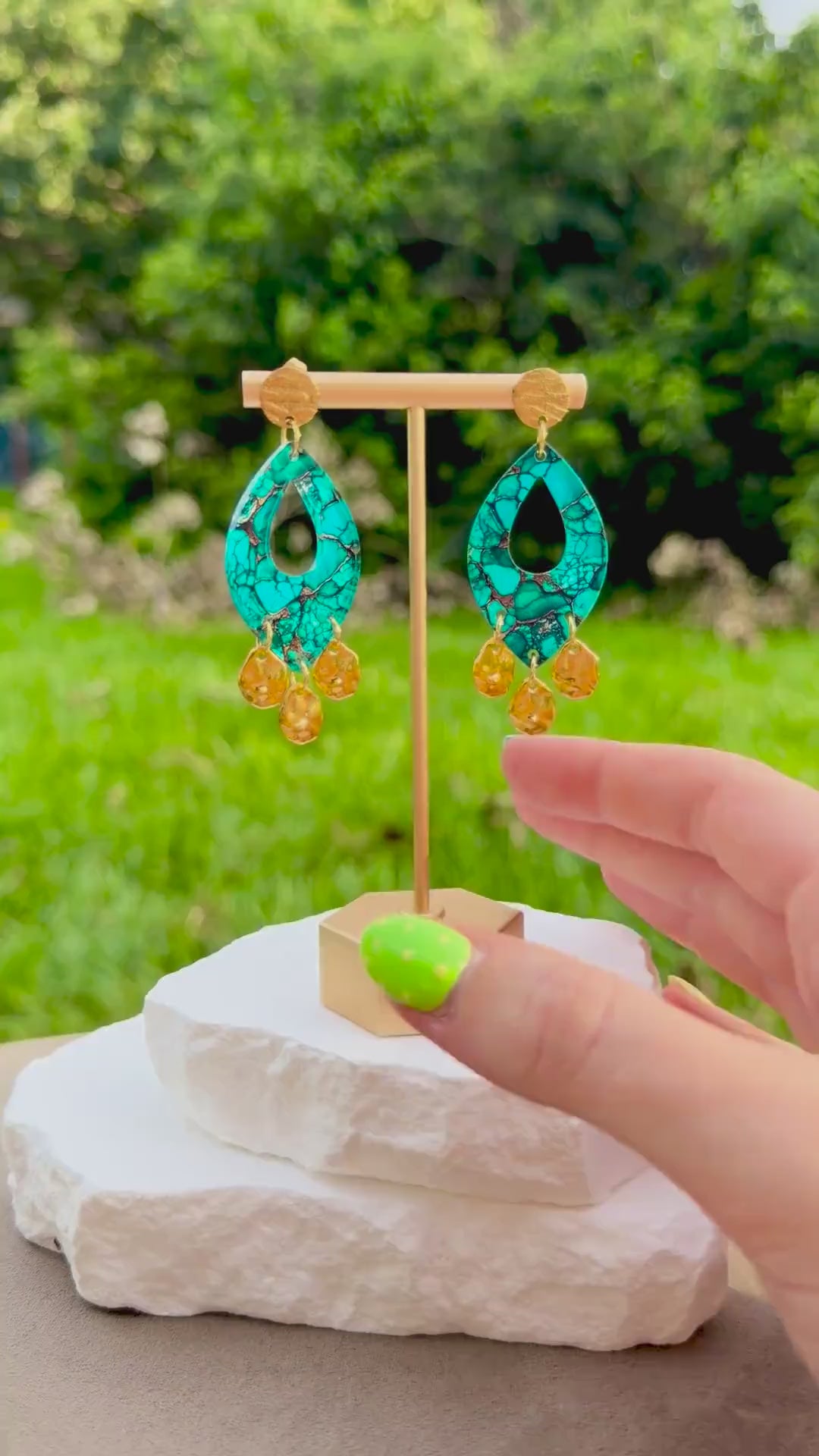 Turquoise Marble Drop Earrings | Gold Coin Dangles