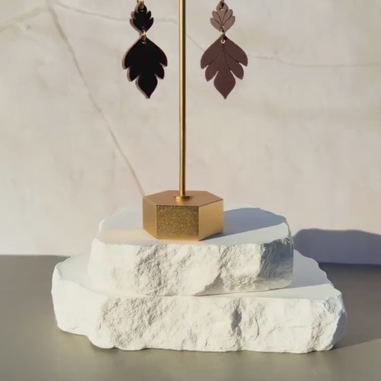 Mocha Brown Leaf Dangle Earrings | Boho Fall Statement Earrings | CZ Stud Jewelry