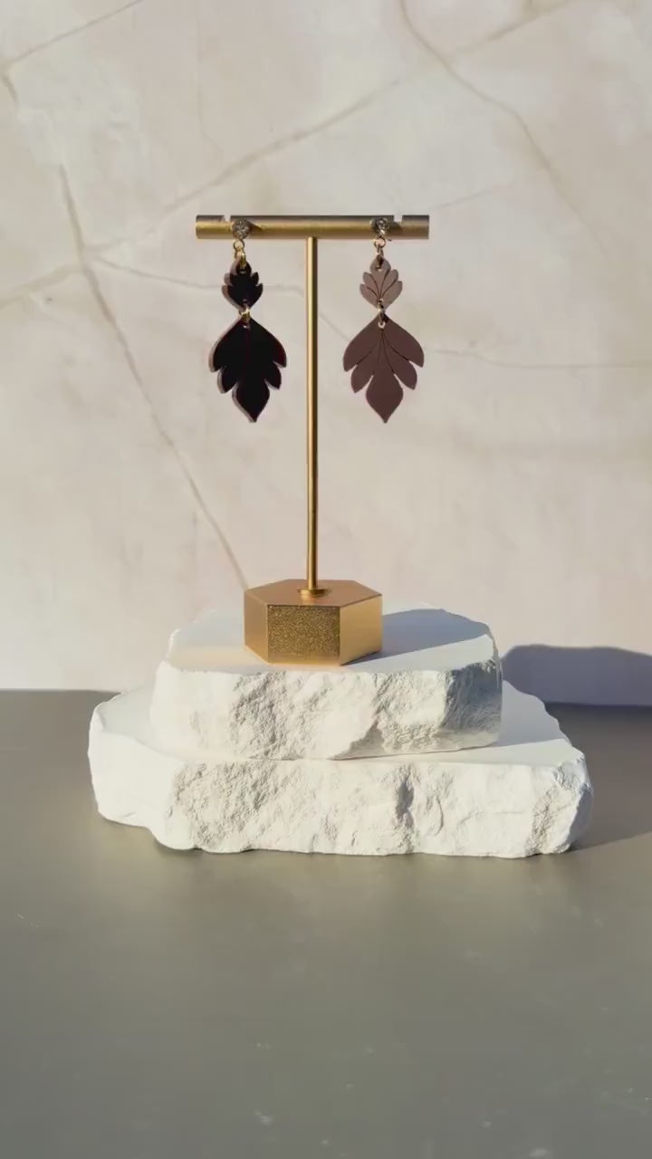 Mocha Brown Leaf Dangle Earrings | Boho Fall Statement Earrings | CZ Stud Jewelry