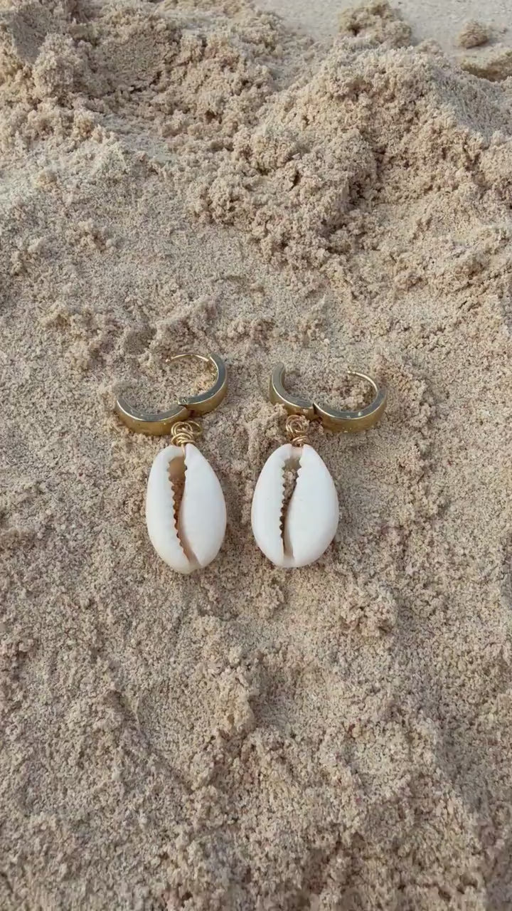Cowrie Cove Huggies | Stainless Steel Water Resistant Huggies | Summer Beach Earrings |