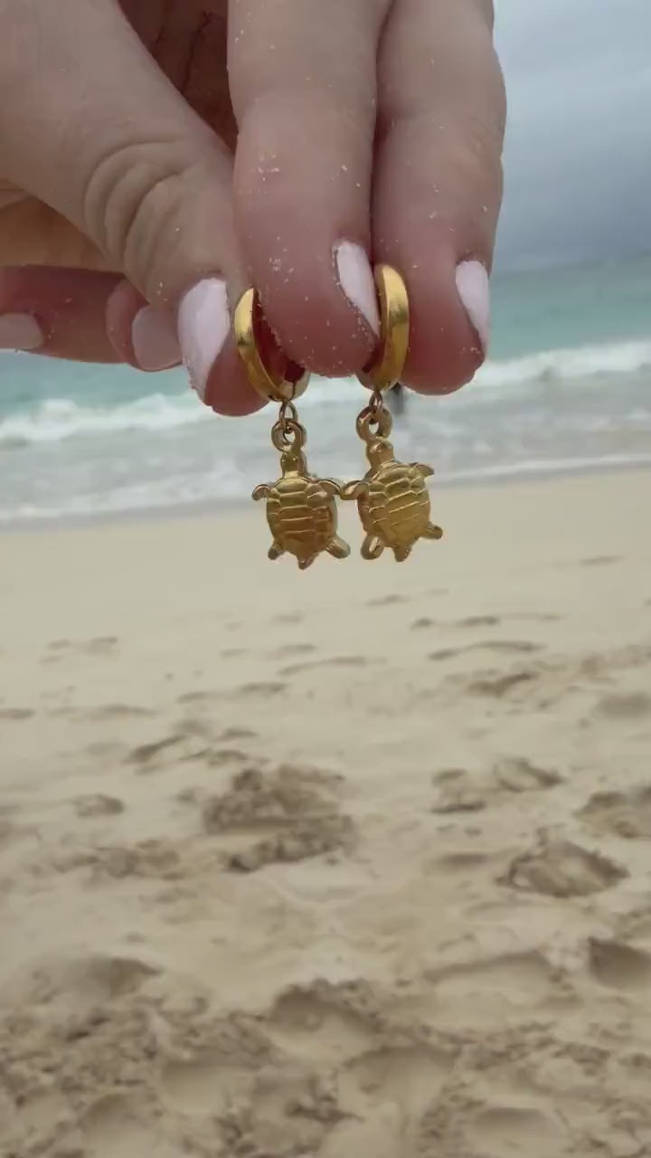 Sea Turtle Huggies | Gold Turtle Earrings | Stainless Steel Hoop Earrings | Beach Jewelry | Coastal Earrings | Ocean Inspired Jewelry