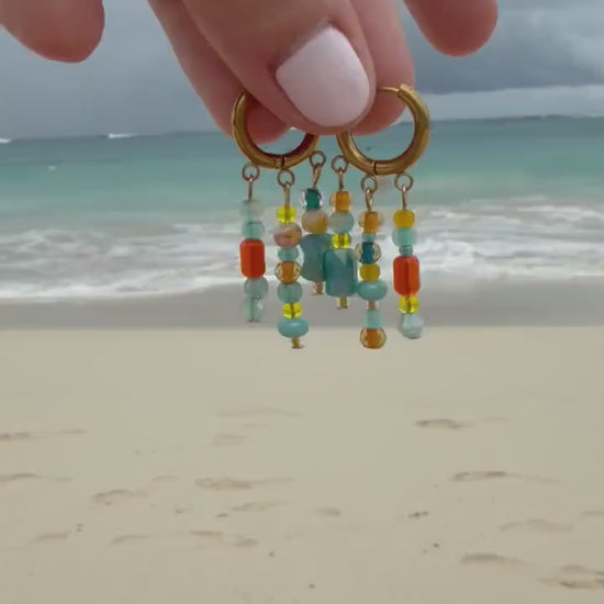 Sunset Market Hoops | Stainless Steel Water Resistant Hoops | Summer Beach Ocean Huggies | Colorful Summer Beaded Earrings |