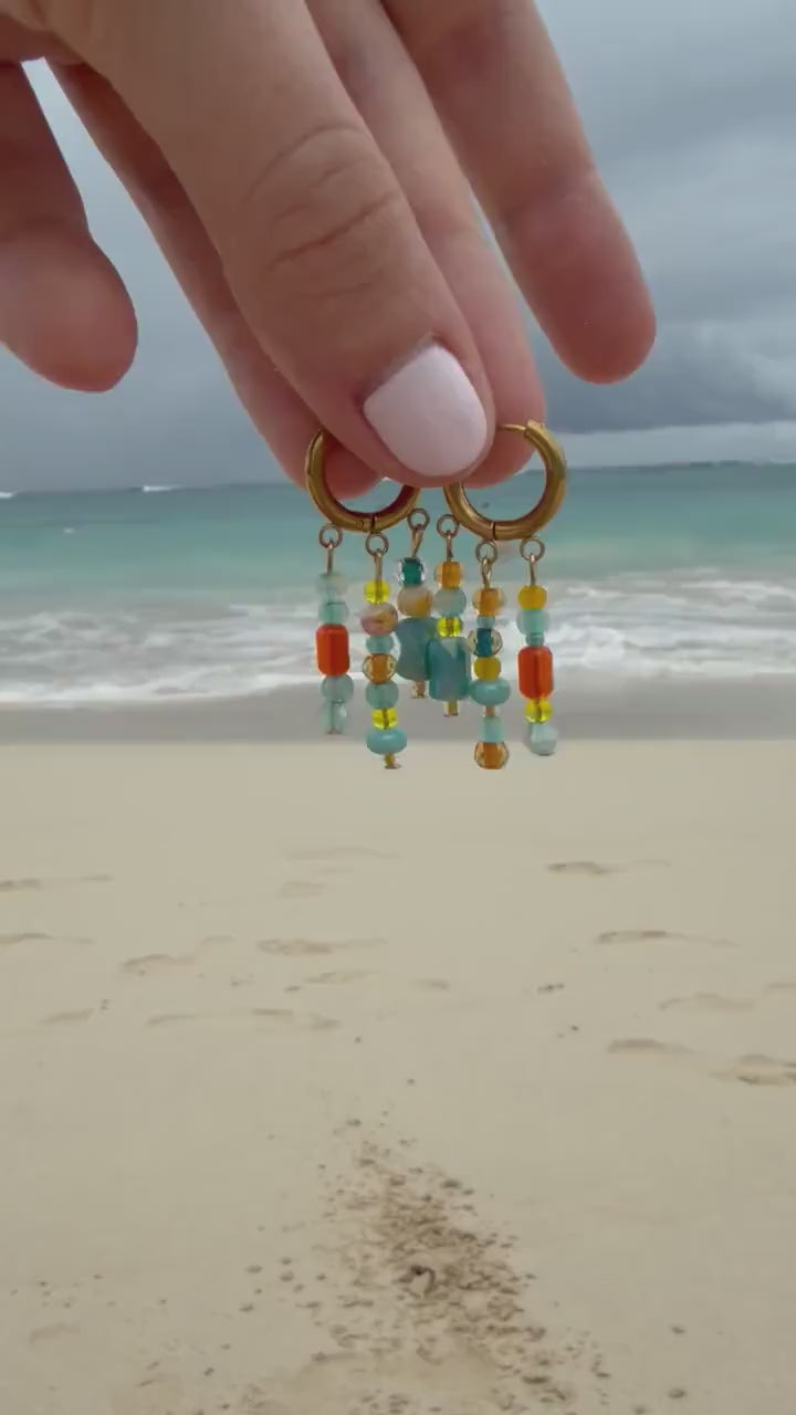 Sunset Market Hoops | Stainless Steel Water Resistant Hoops | Summer Beach Ocean Huggies | Colorful Summer Beaded Earrings |