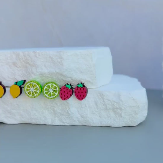 Fruit Stud Earrings | Wood Lemon Lime Strawberry Studs | Stainless Steel Posts