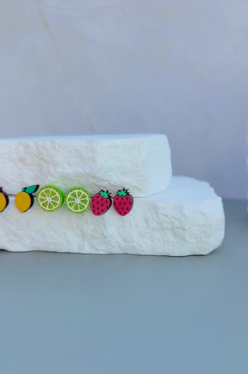 Fruit Stud Earrings | Wood Lemon Lime Strawberry Studs | Stainless Steel Posts