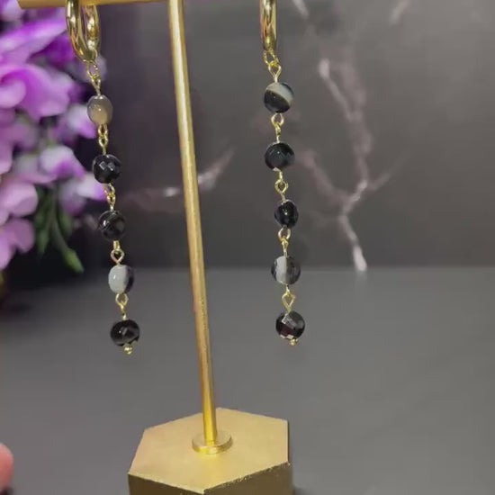 Agate Stone Drop Earrings | Chunky Gold Hoop Stone Earrings | Black Agate | Earrings for Women | Dainty Formal Lightweight Jewelry |