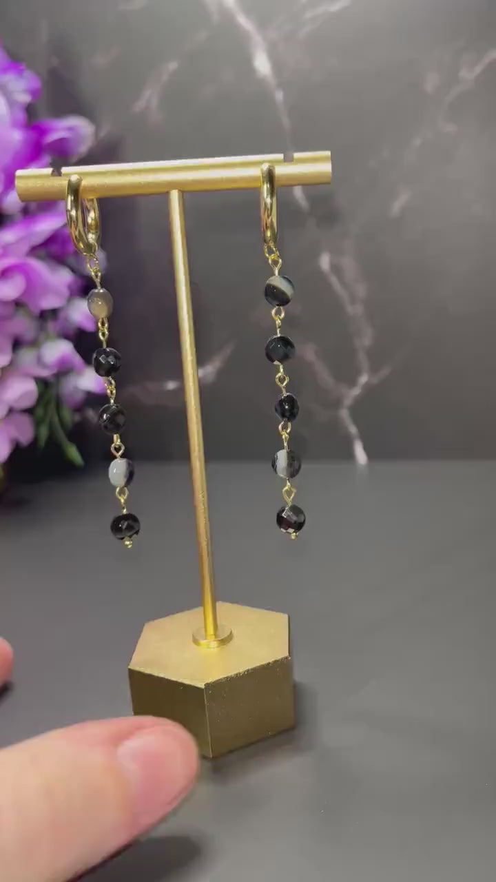 Agate Stone Drop Earrings | Chunky Gold Hoop Stone Earrings | Black Agate | Earrings for Women | Dainty Formal Lightweight Jewelry |