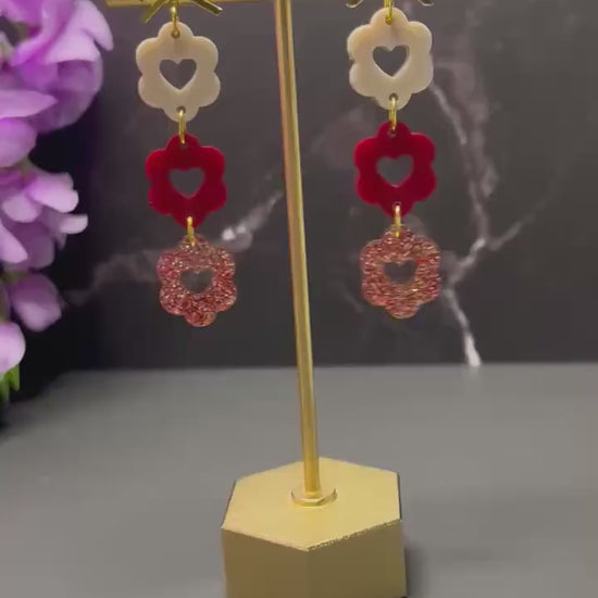 Scalloped Heart Dangles | Stacked Bow Heart Earrings | Valentines Day Earrings | Dainty Small Acrylic Earrings | Red Heart Stacks | Gold |
