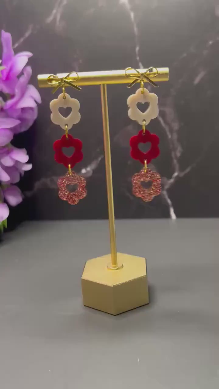 Scalloped Heart Dangles | Stacked Bow Heart Earrings | Valentines Day Earrings | Dainty Small Acrylic Earrings | Red Heart Stacks | Gold |
