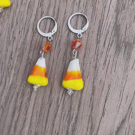 Candy Corn Dangle Earrings | Huggie Hoop Orange Triangle Earrings | Halloween Candy Spooky Fun Earrings | Spooky Season | Stainless Steel |