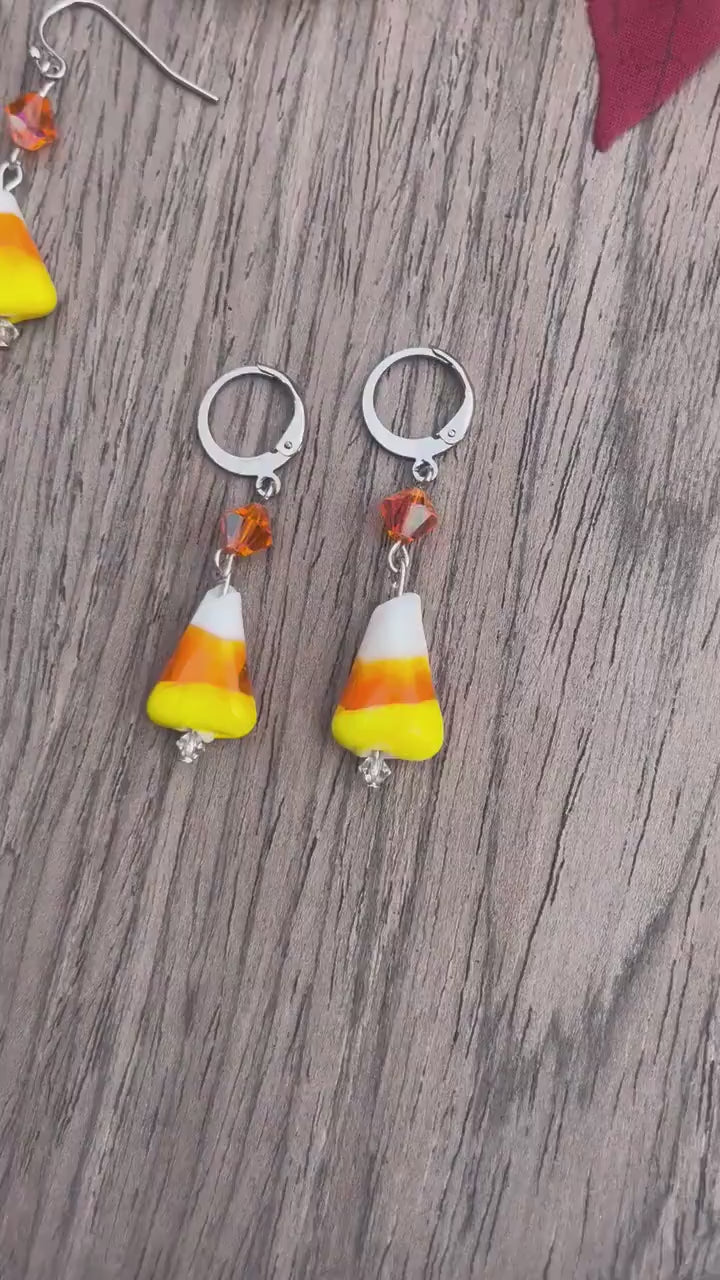 Candy Corn Dangle Earrings | Huggie Hoop Orange Triangle Earrings | Halloween Candy Spooky Fun Earrings | Spooky Season | Stainless Steel |
