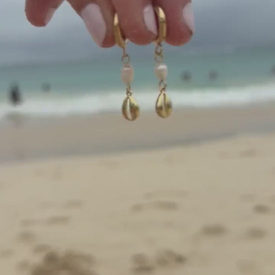 Cowrie Pearl Huggies | Gold Cowrie Shell & Pearl Earrings | Stainless Steel Hoop Earrings | Coastal Jewelry | Beach Earrings | Dainty |