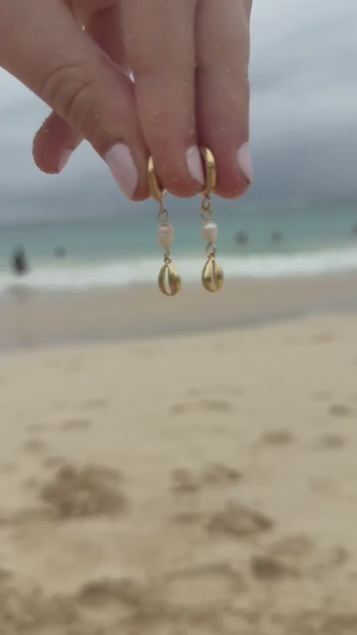 Cowrie Pearl Huggies | Gold Cowrie Shell & Pearl Earrings | Stainless Steel Hoop Earrings | Coastal Jewelry | Beach Earrings | Dainty |
