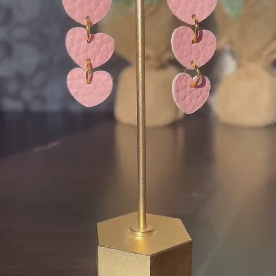 Heart Stack Dangles | Faux Leather Pink Heart Dangle Earrings | Lightweight Hearts | Valentine's Day | Love Hearts Gifts for Women | Happy |