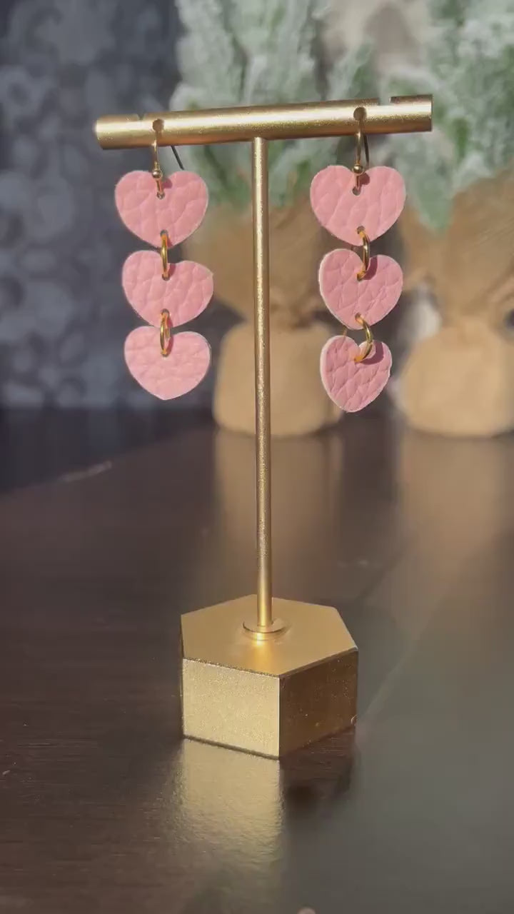 Heart Stack Dangles | Faux Leather Pink Heart Dangle Earrings | Lightweight Hearts | Valentine's Day | Love Hearts Gifts for Women | Happy |