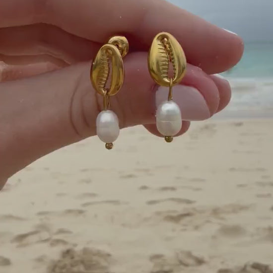 Cowrie Pearl Studs | Stainless Steel Water Resistant Studs | Summer Beach Ocean Earrings |