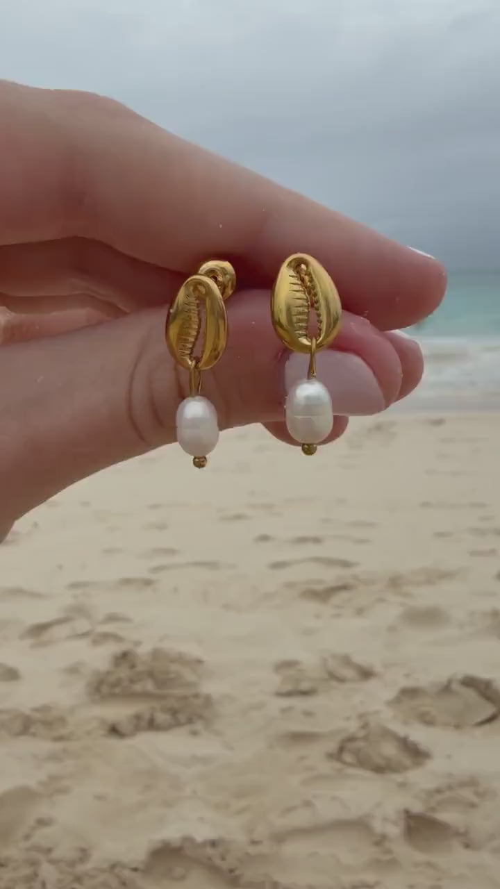Cowrie Pearl Studs | Stainless Steel Water Resistant Studs | Summer Beach Ocean Earrings |