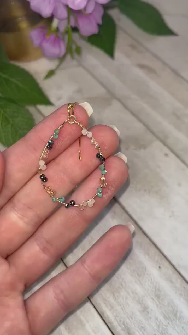 Gold Wire Wrapped Hoop Earrings | Multi Color Beads | Elegant Minimalist Jewelry for Women | Gold Wrapped Jewelry | Teardrop Gold Earrings