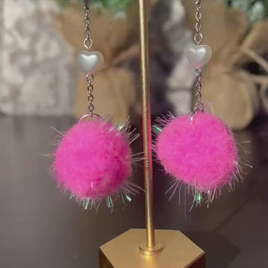 Pink Pom Dangles | White Pearl Heart Bead | Pink Fuzzy Pom Pom Drop Earrings | Valentines Day Pink Lovers | Light Pink Sparkle Lightweight |