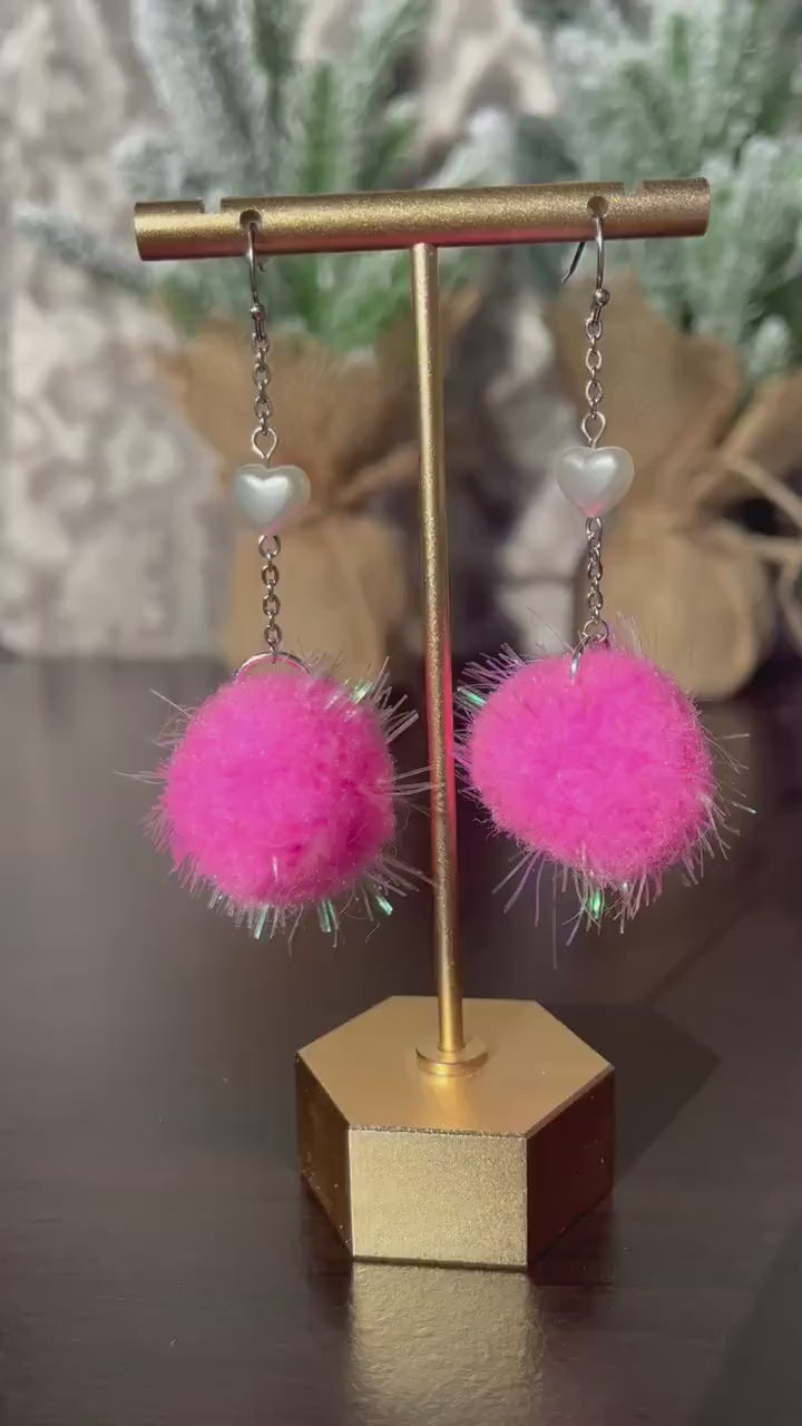 Pink Pom Dangles | White Pearl Heart Bead | Pink Fuzzy Pom Pom Drop Earrings | Valentines Day Pink Lovers | Light Pink Sparkle Lightweight |